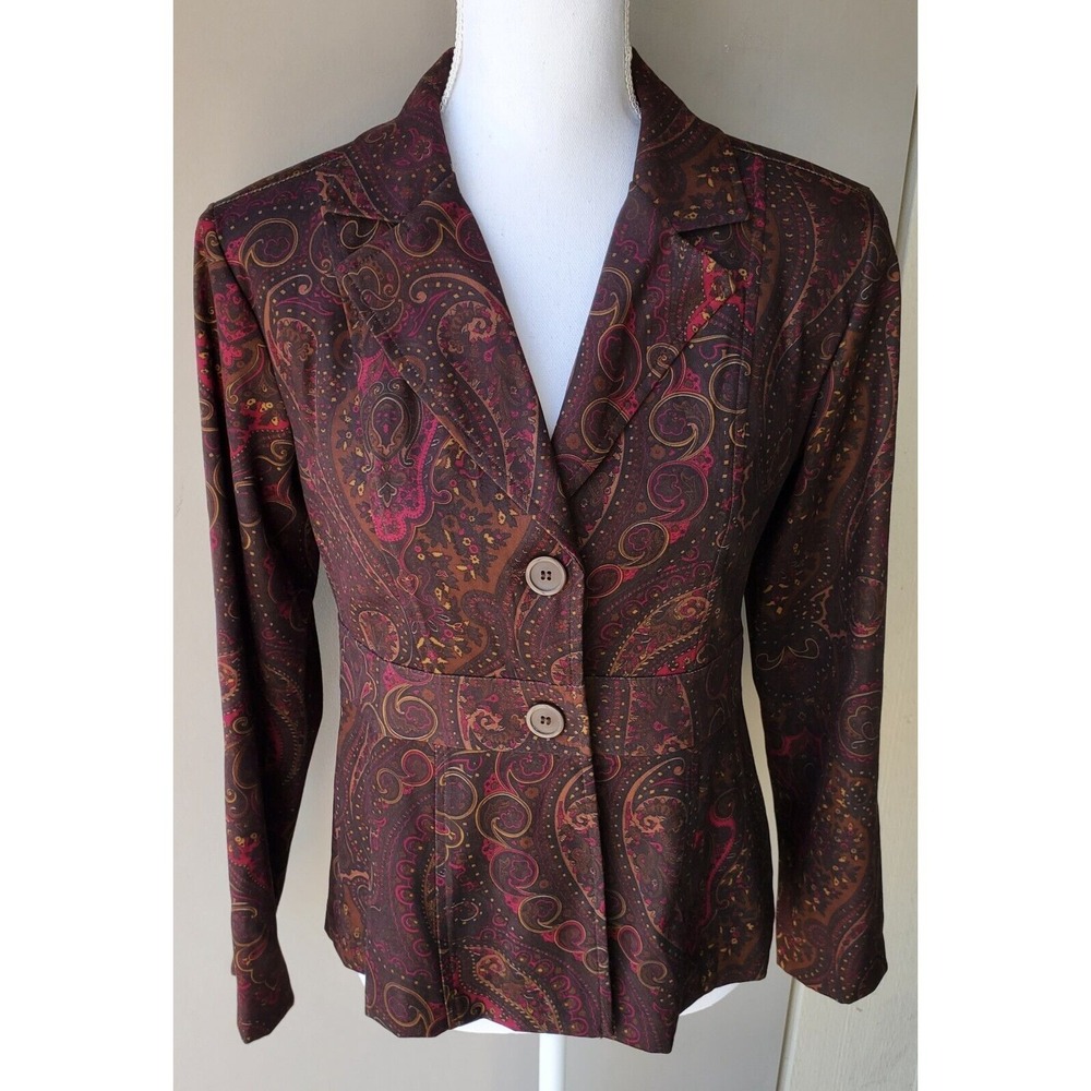 Courtenay Blazer Jacket Womens 6P Brown Pink Red Yellow Paisley Button Close